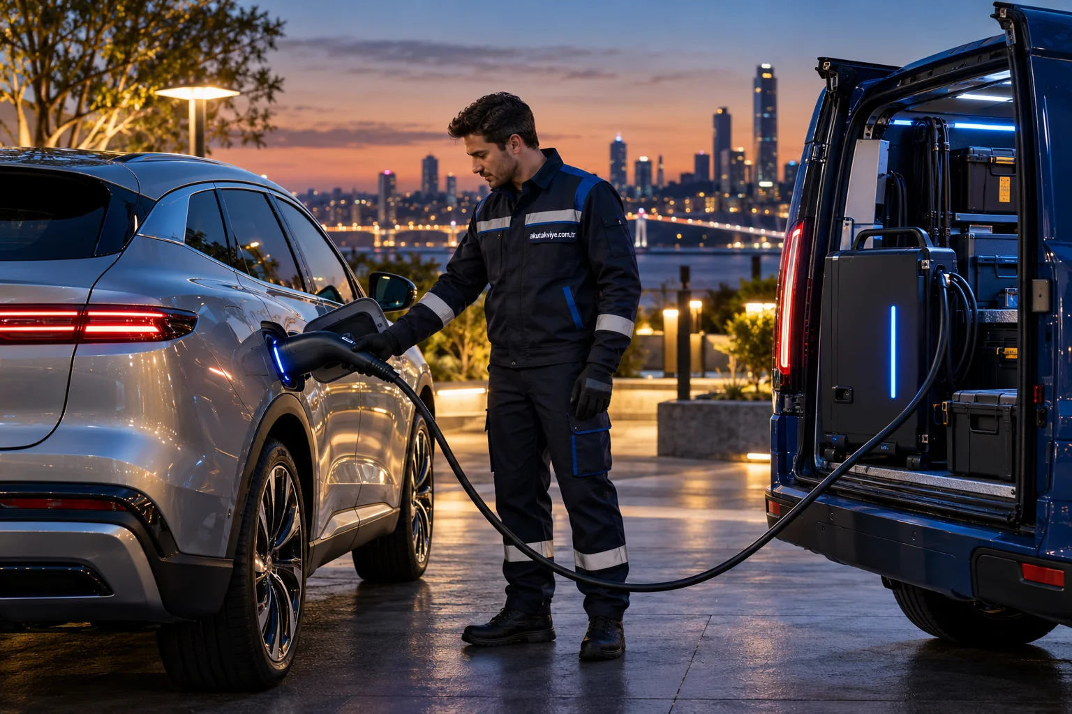 Elektrikli araç için mobil şarj ekipmanı ve servis aracı konsepti
