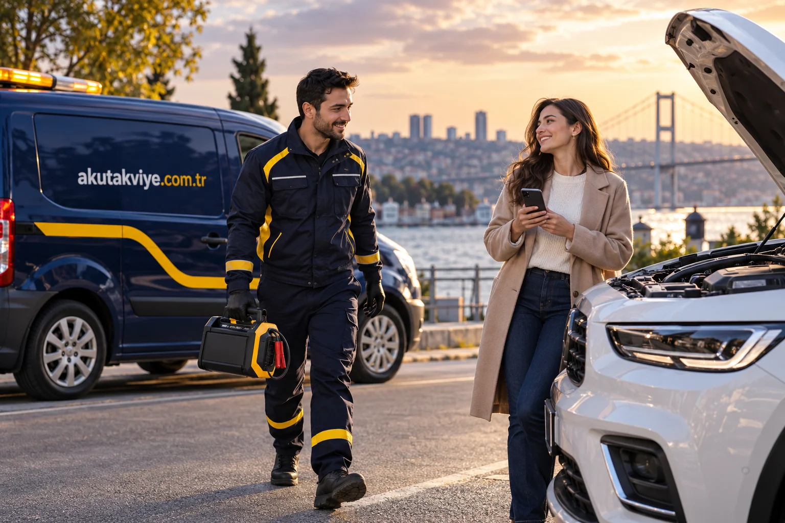 Mobil akü ekibinden destek alan araç sahibi