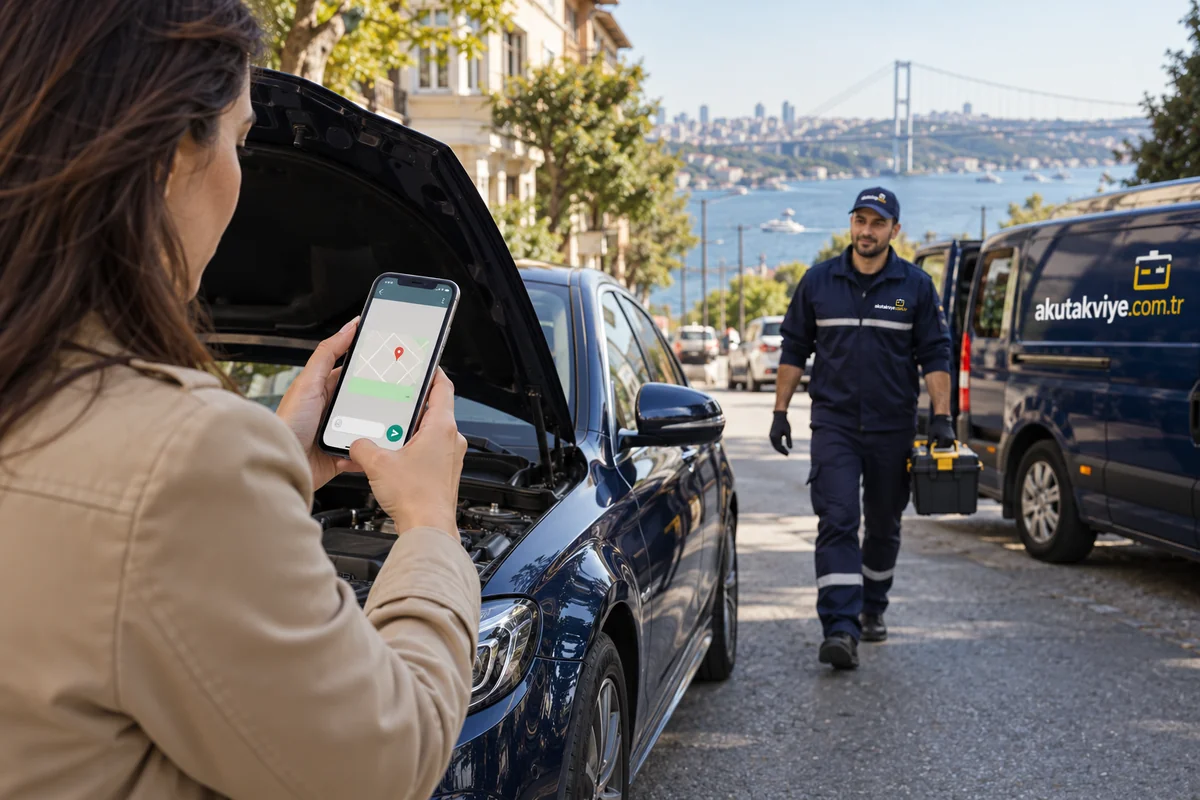 Mobil akü takviye için telefonundan konum paylaşan araç sahibi