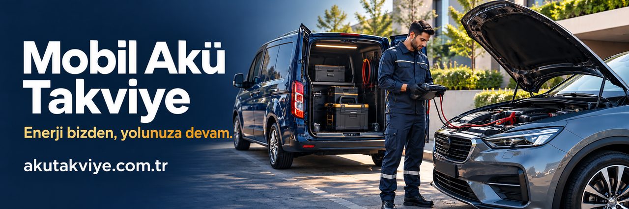 Yerinde mobil akü takviye Mobil takviye desteğiyle aracın bulunduğu yerde değerlendirme yapan usta ve servis aracı; akutakviye.com.tr