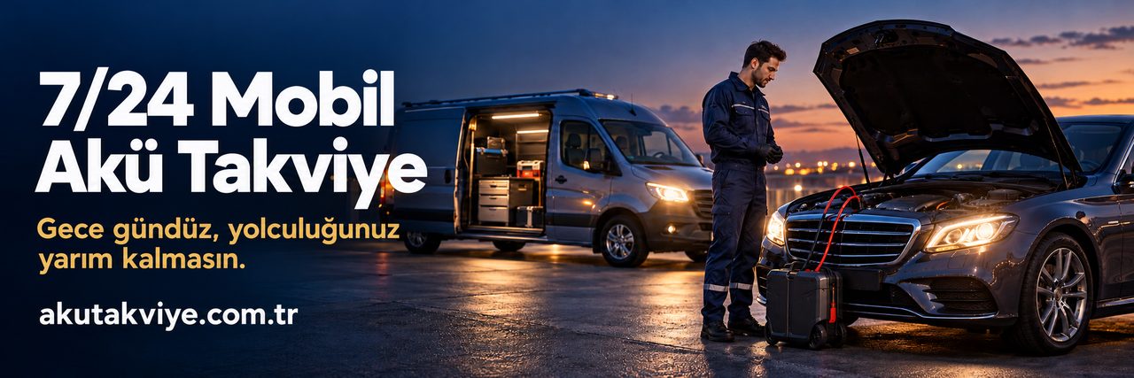 7/24 mobil akü takviye Gece yerinde akü desteğini anlatan aydınlatılmış mobil servis konsepti; akutakviye.com.tr