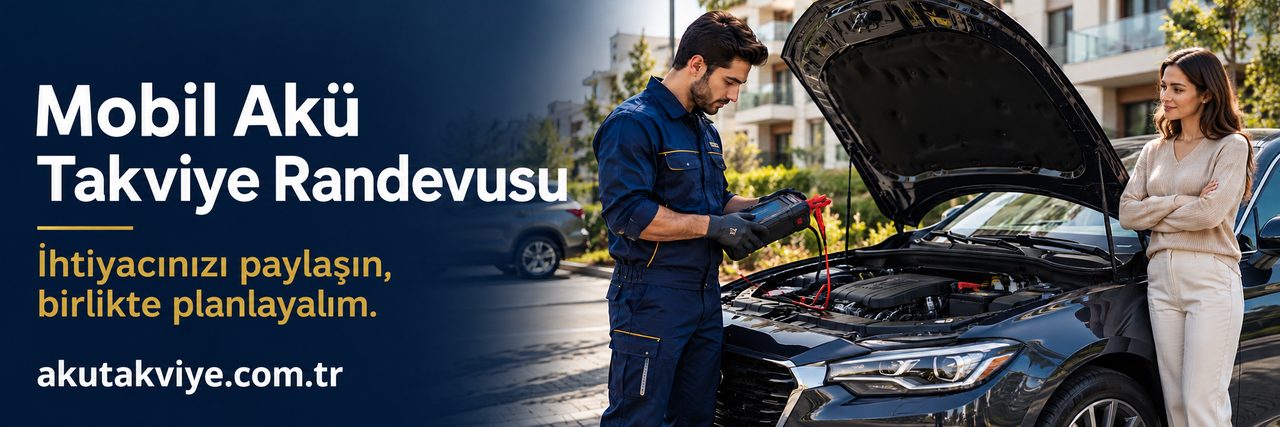 Mobil akü takviye randevusu Araç başında mobil akü takviye değerlendirmesi ve randevu bilgisini anlatan konsept; akutakviye.com.tr