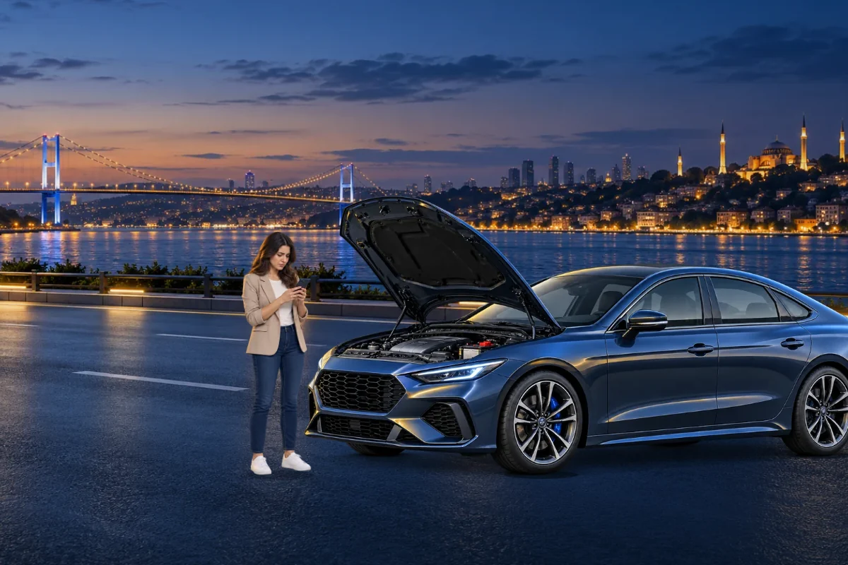 Mobil akü ekibinden aracının yanında destek alan müşteri